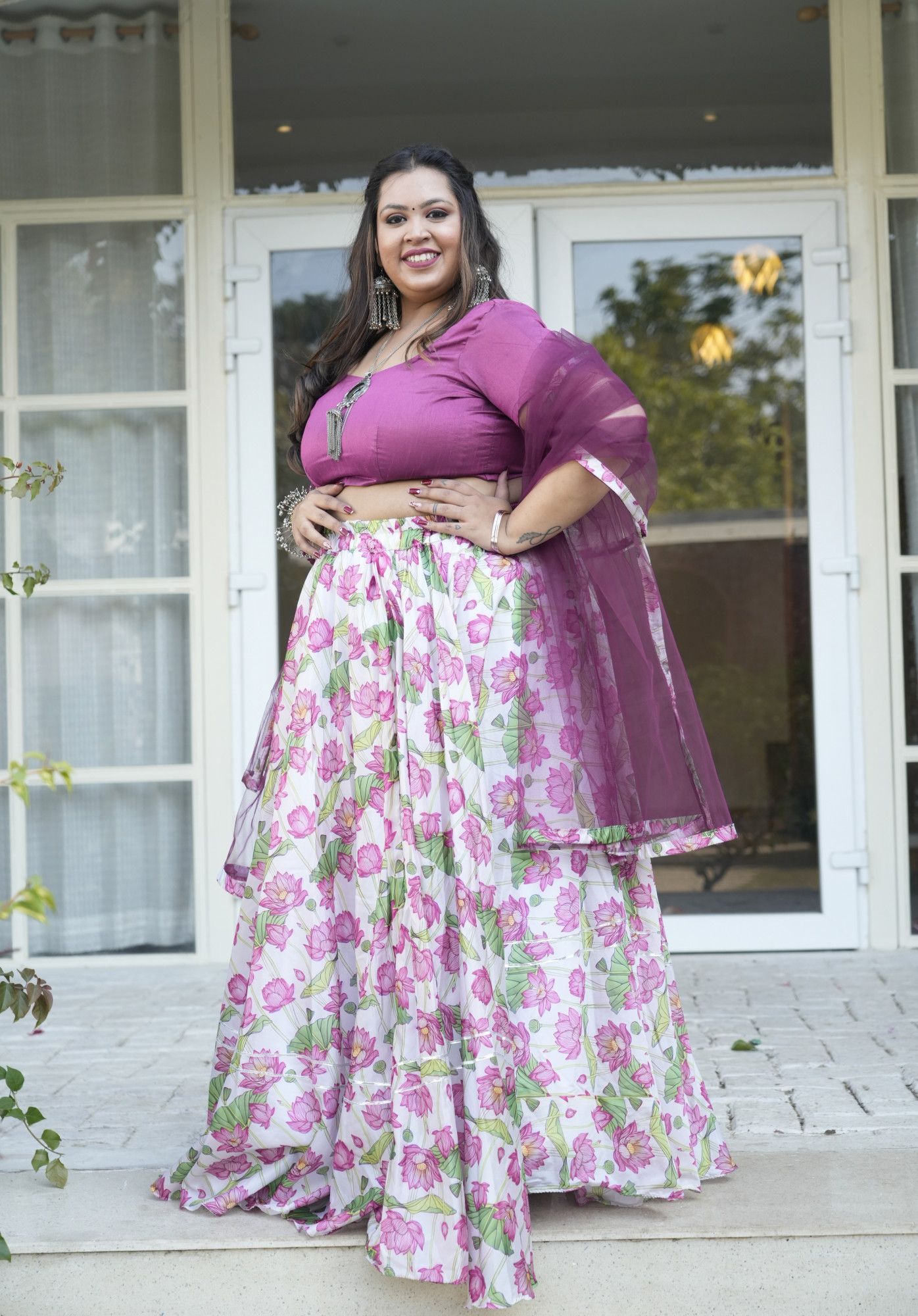 White and Wine Lotus Silk Lehenga Set