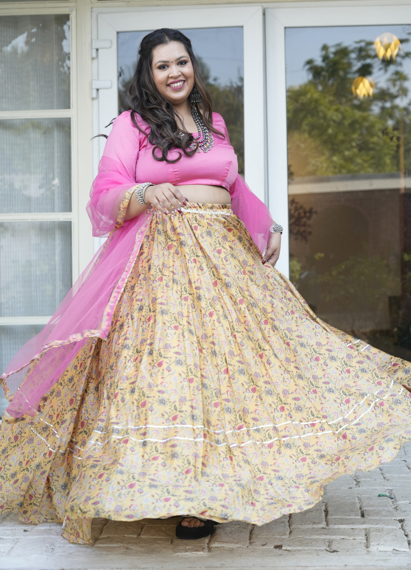 Mustard Floral Silk Lehenga Set