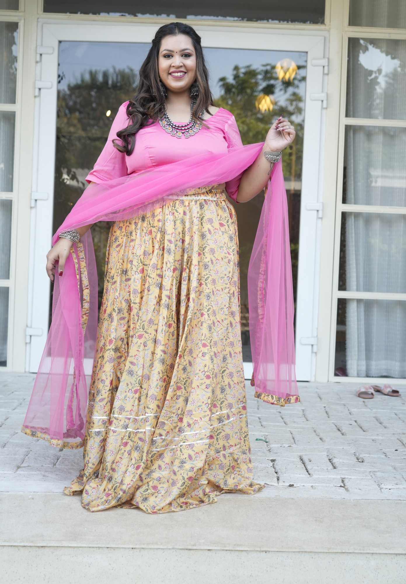 Mustard Floral Silk Lehenga Set