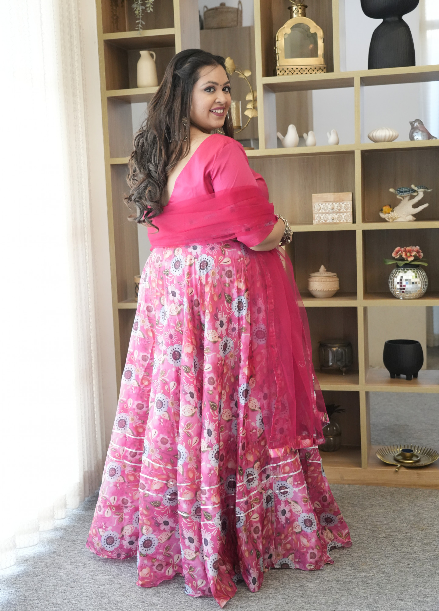 Coral Floral Silk Lehenga Set