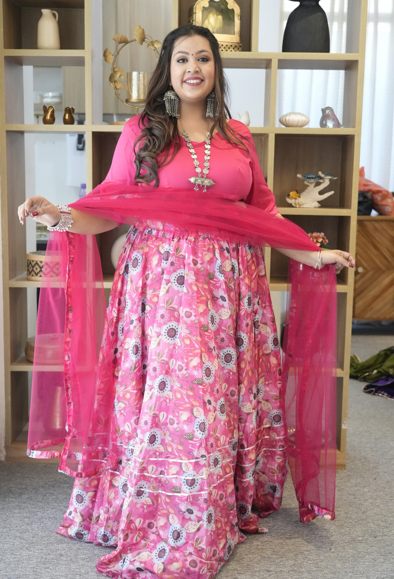 Coral Floral Silk Lehenga Set