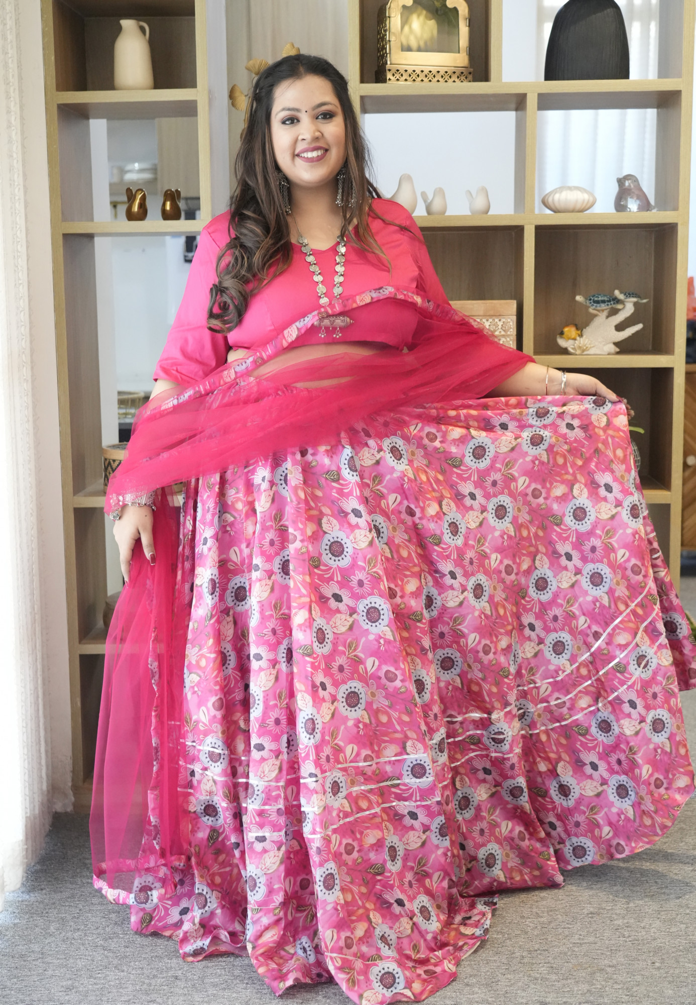 Coral Floral Silk Lehenga Set