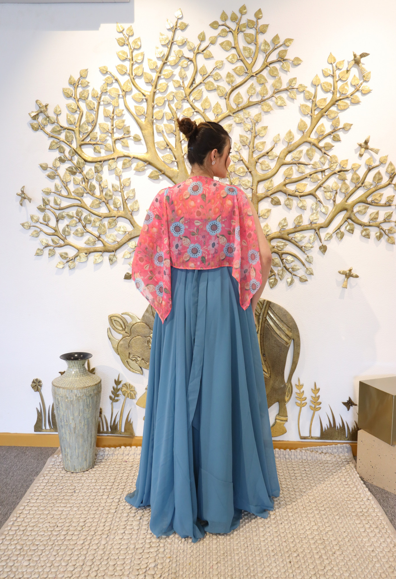 Coral and Grey Dress With Cape