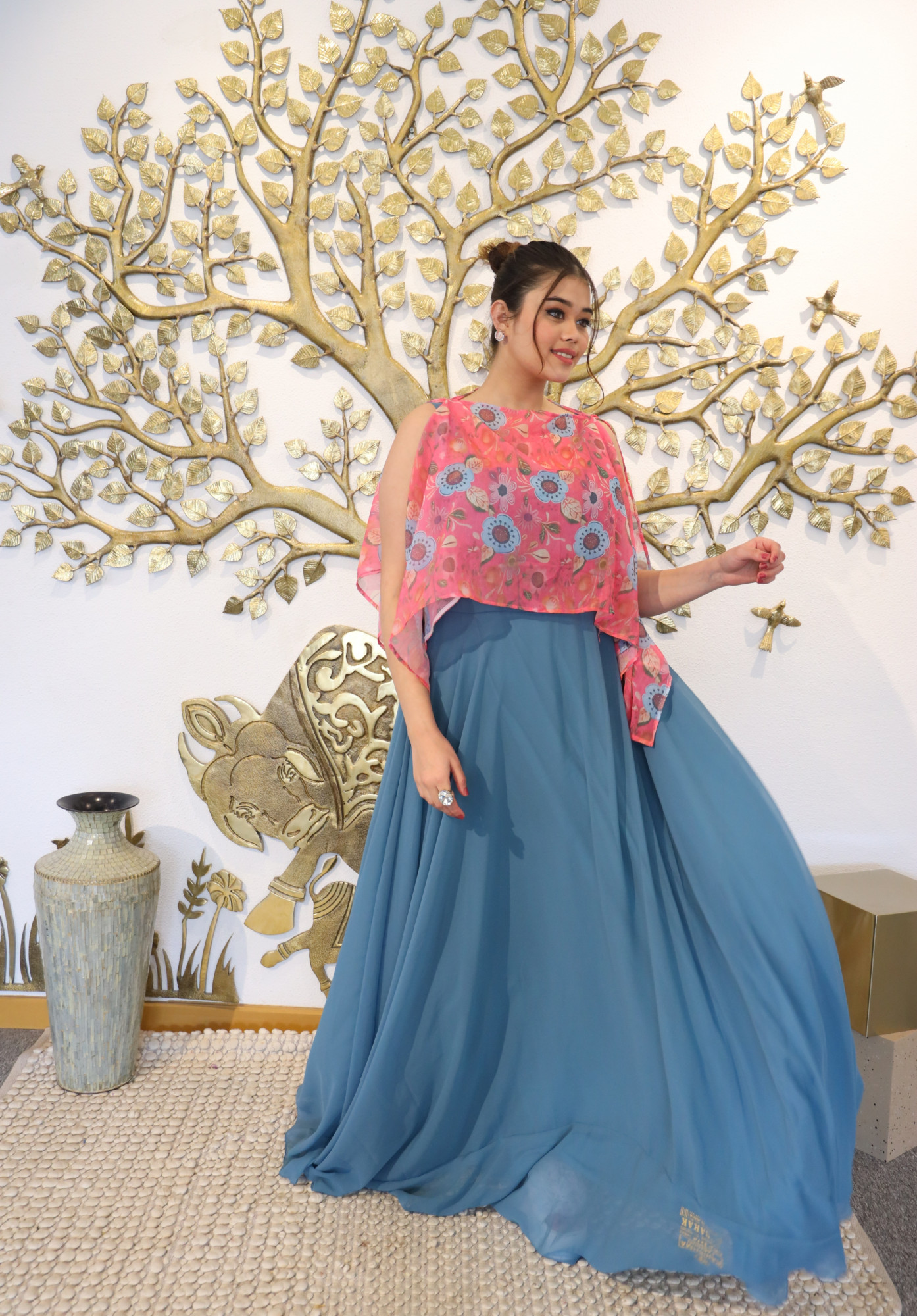 Coral and Grey Dress With Cape