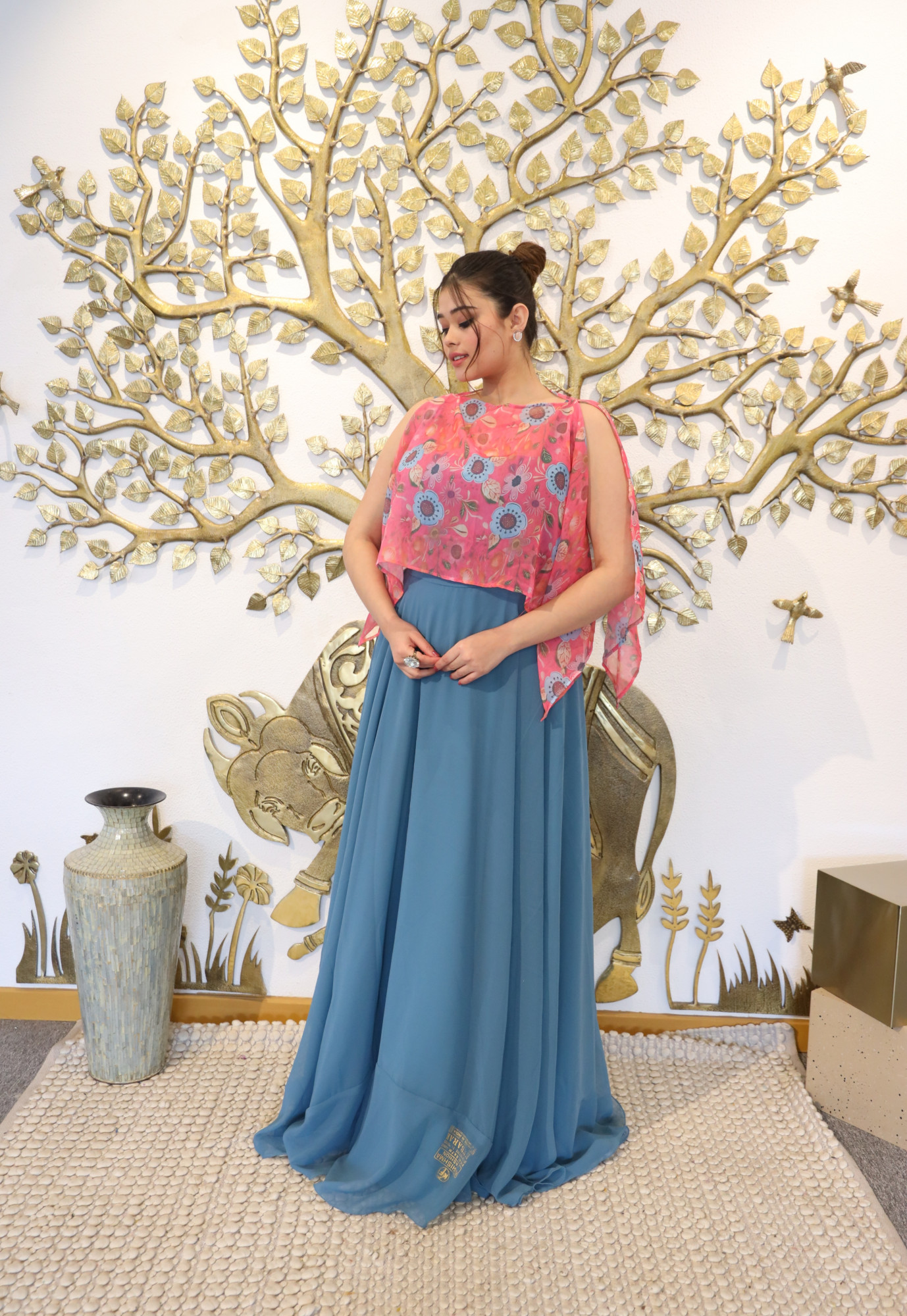 Coral and Grey Dress With Cape