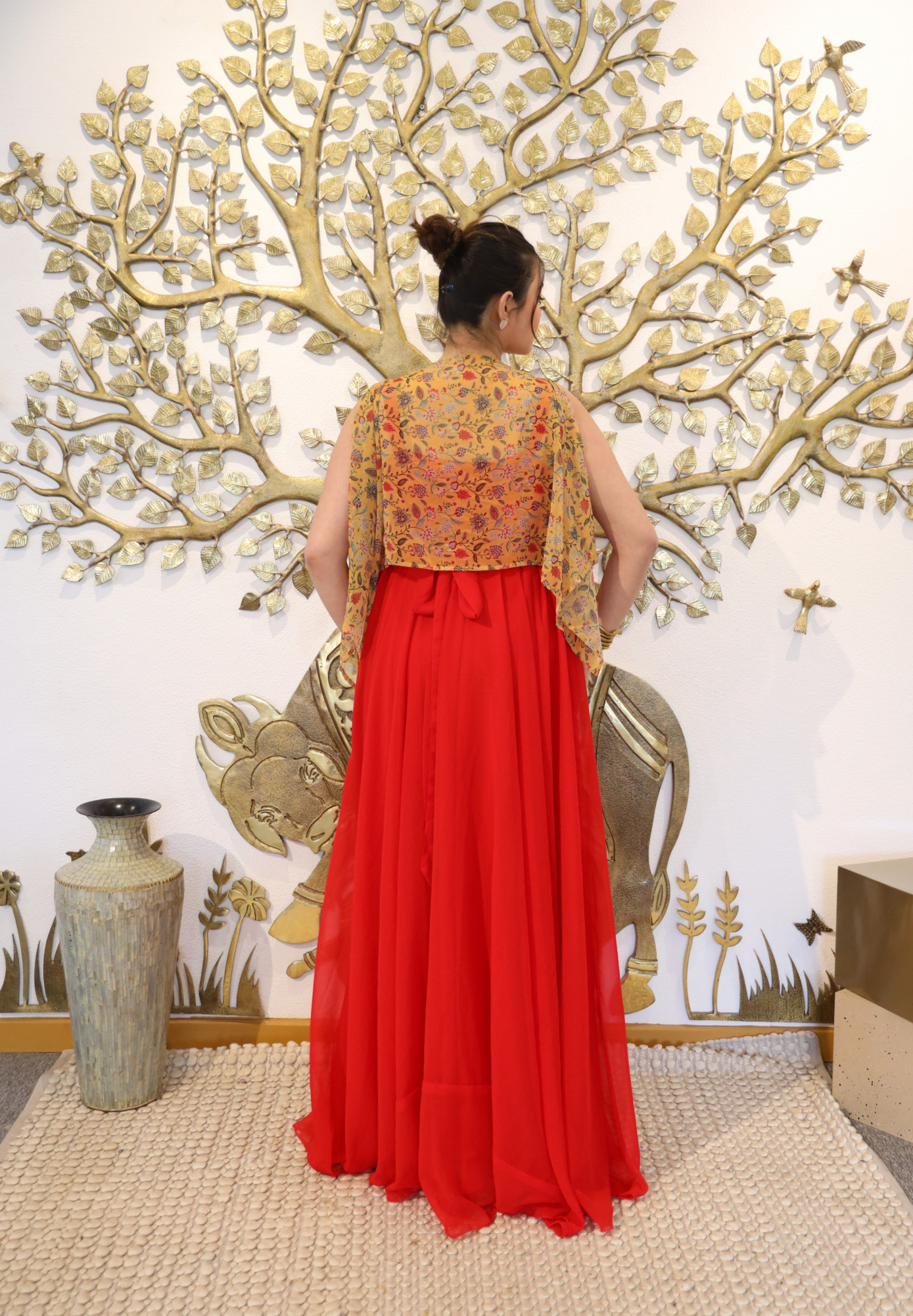 Mustard and Red Dress With Cape