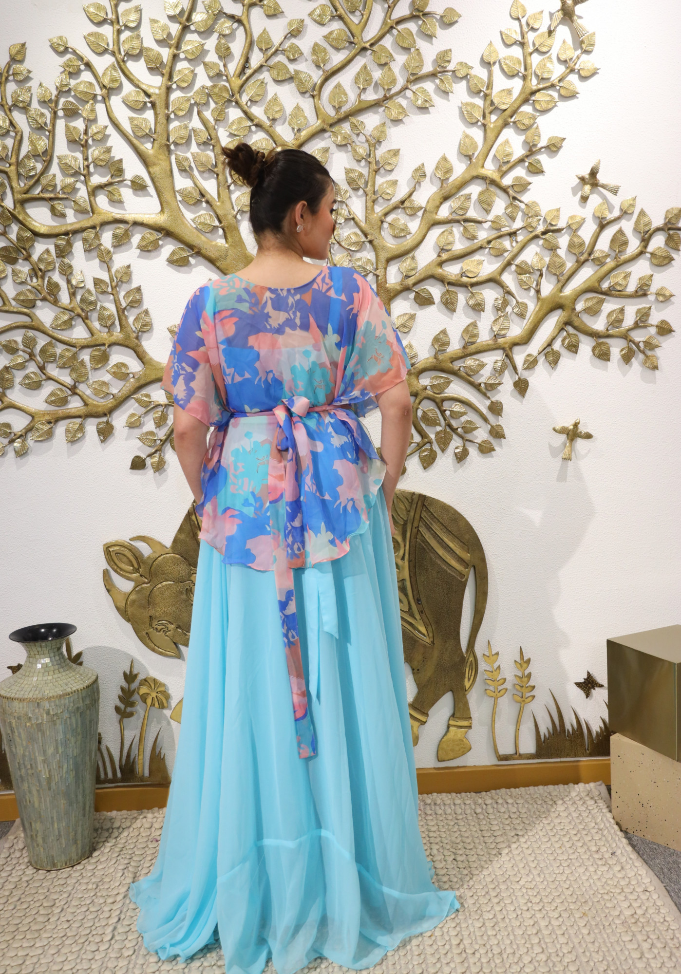 Sky Blue Abstract Dress With Cape