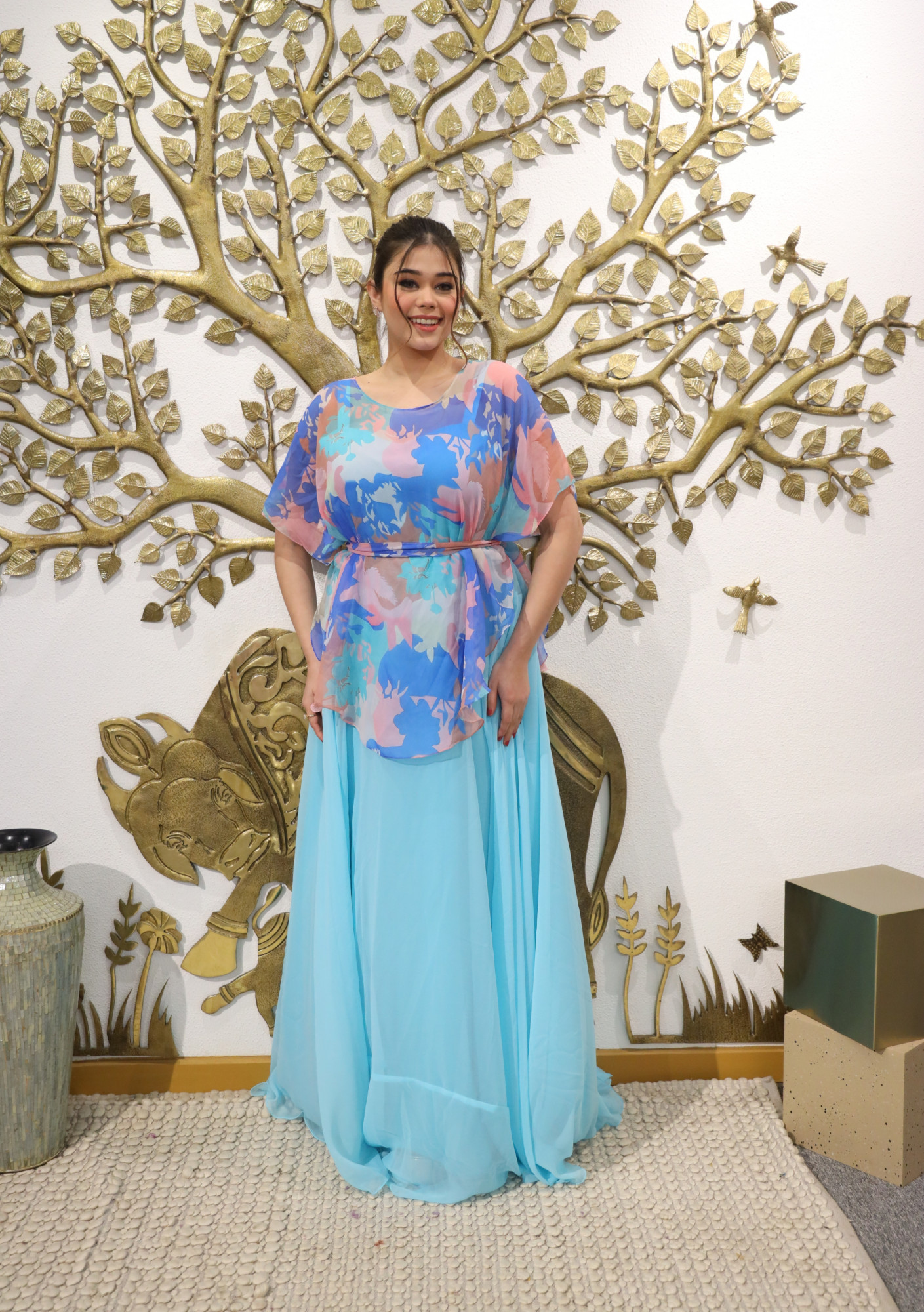 Sky Blue Abstract Dress With Cape