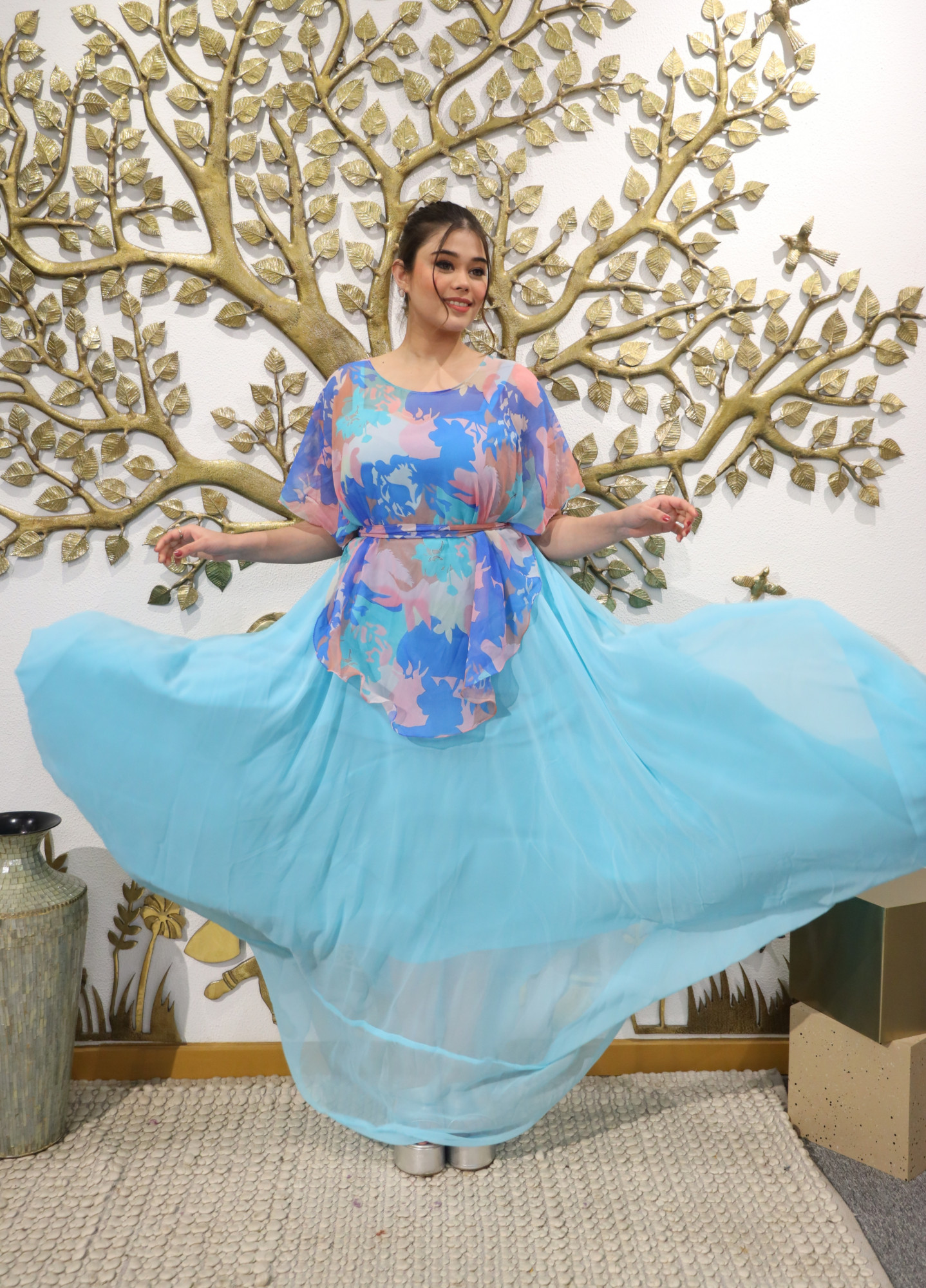 Sky Blue Abstract Dress With Cape