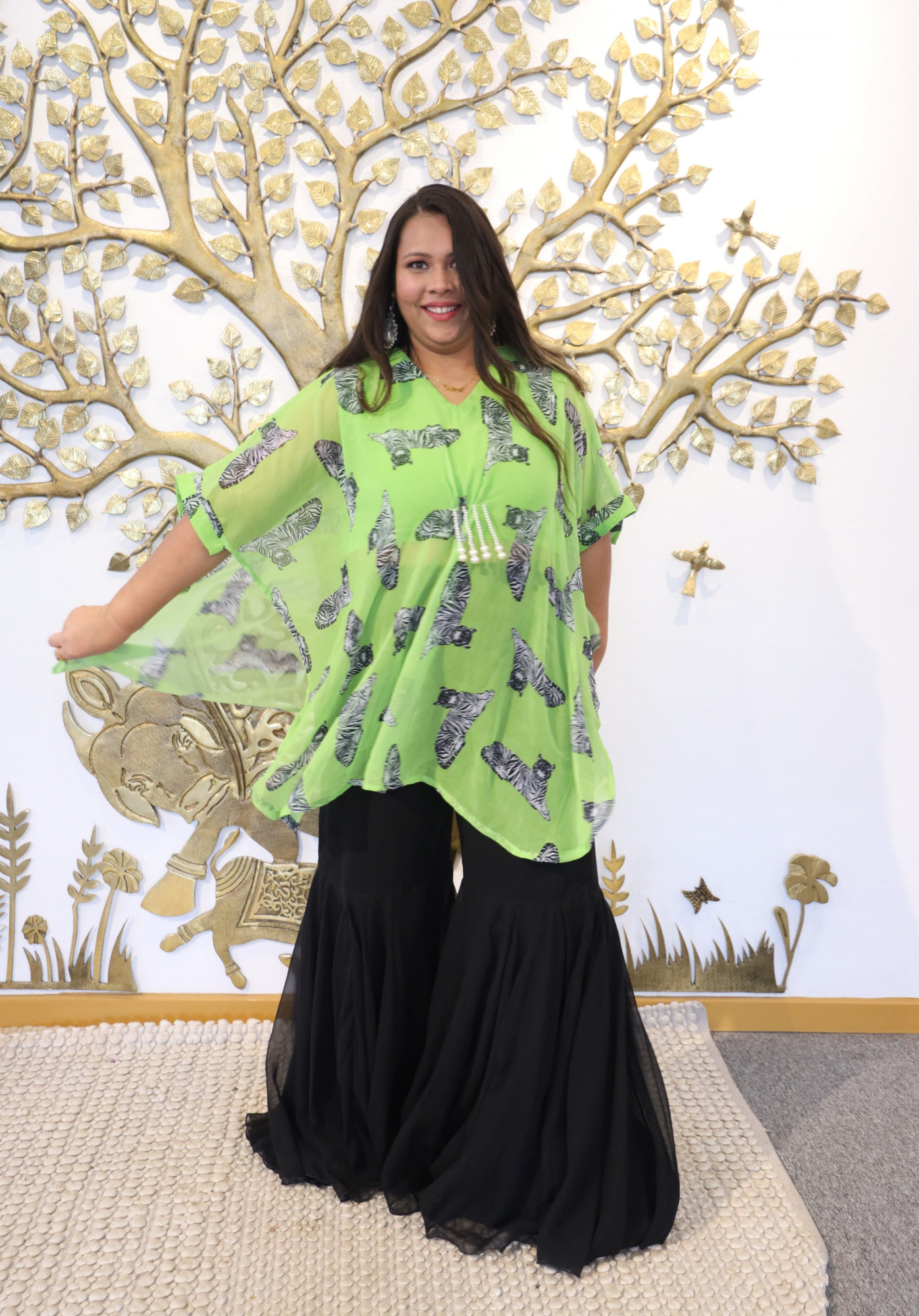 Neon and Black Animal Georgette Sharara Set
