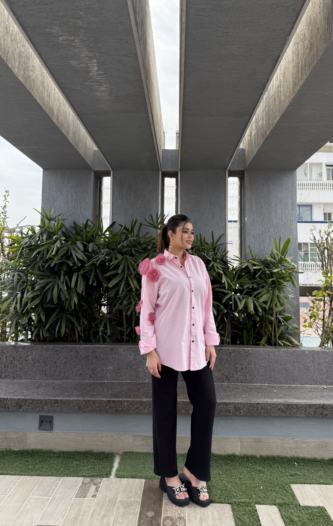 Pink cotton Silk Embellished Shirt
