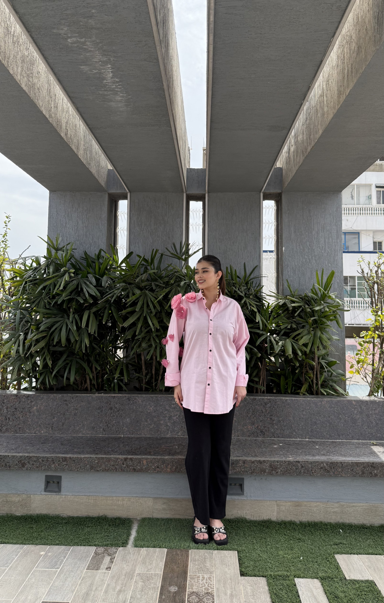 Pink cotton Silk Embellished Shirt