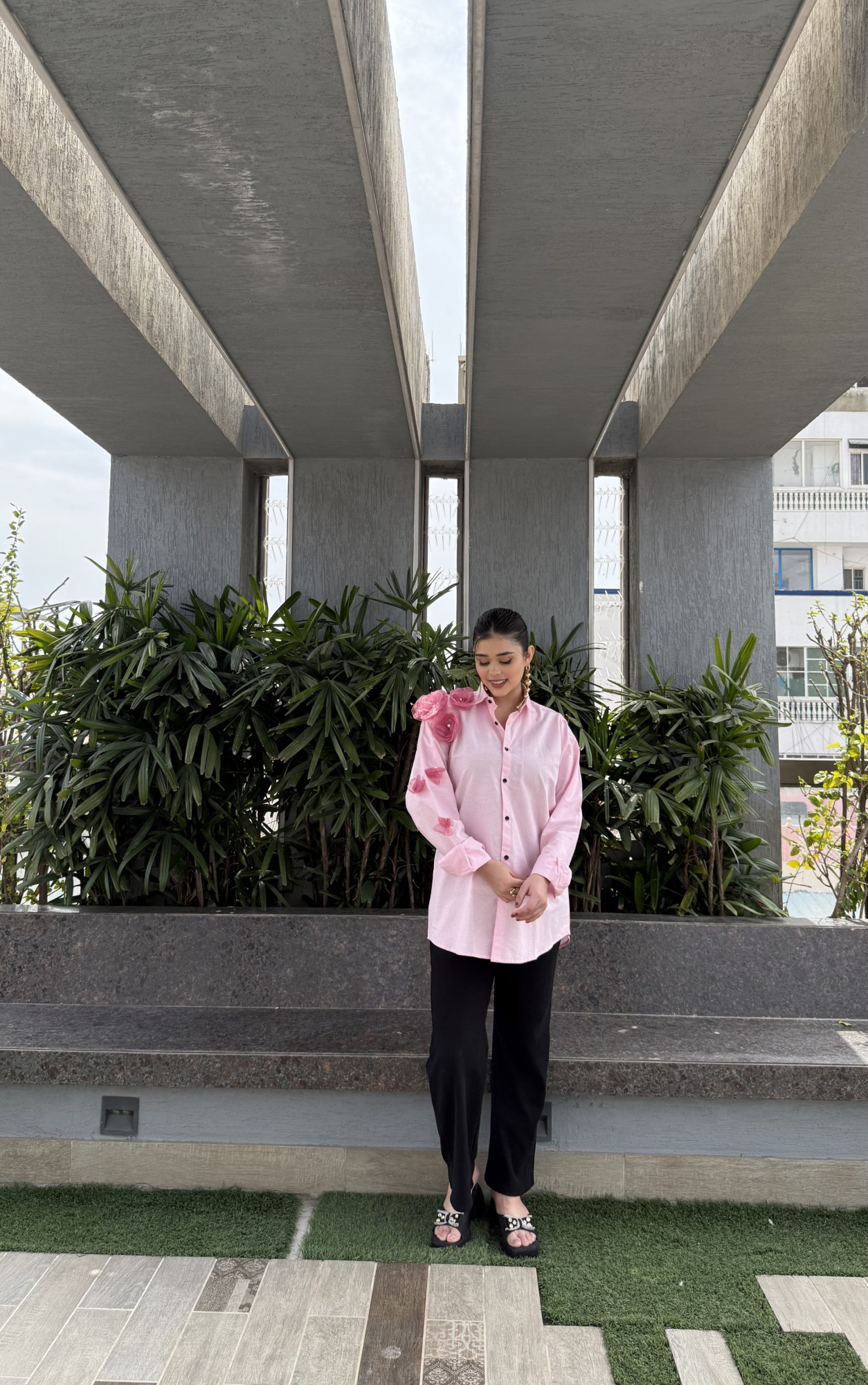 Pink cotton Silk Embellished Shirt