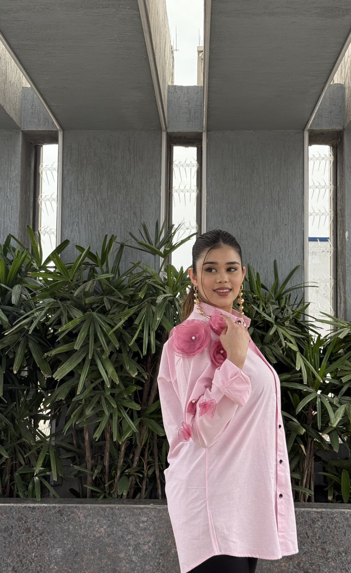 Pink cotton Silk Embellished Shirt