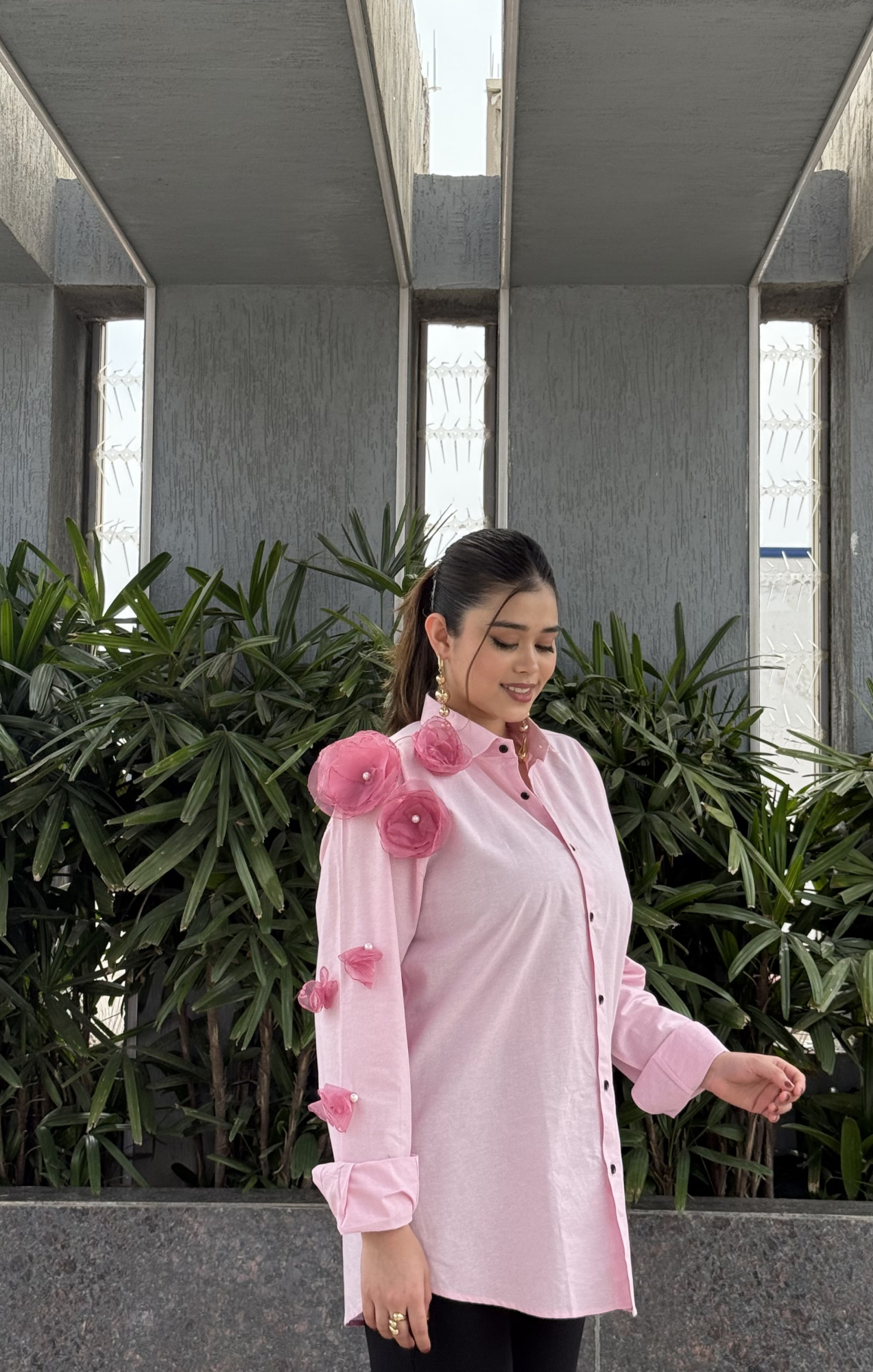 Pink cotton Silk Embellished Shirt