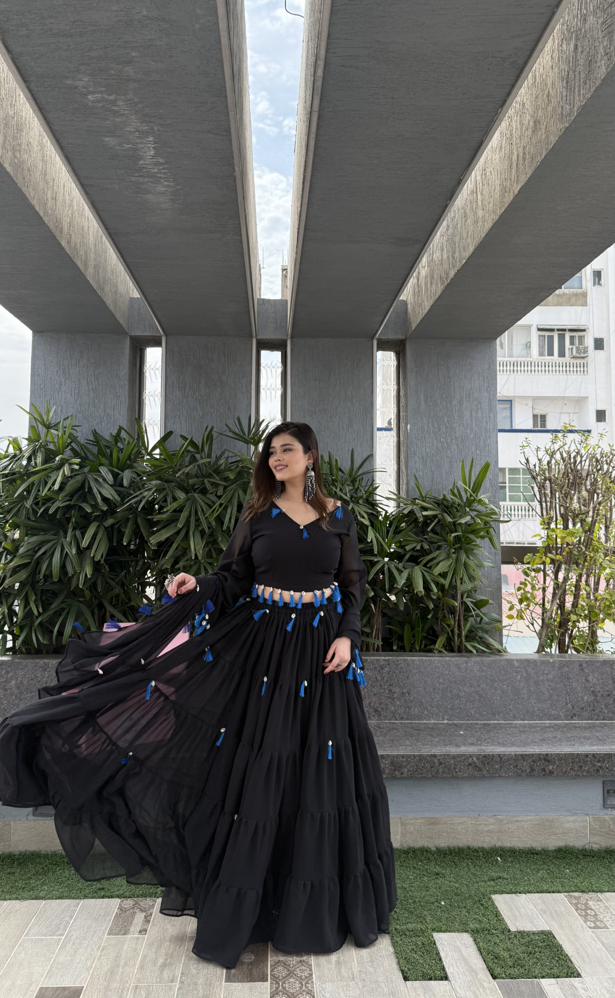 Black Magic Tassels Details Georgette Lehenga Set