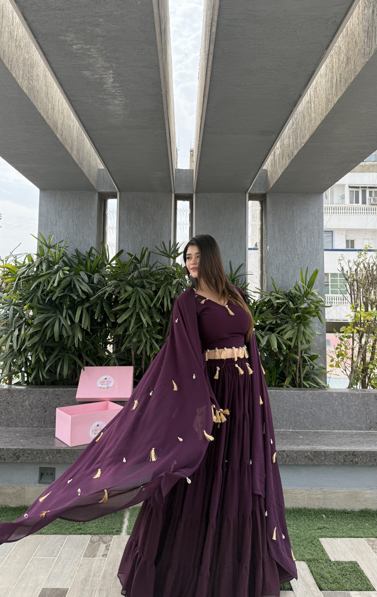 Wine Magic Tassels Details Georgette Lehenga Set