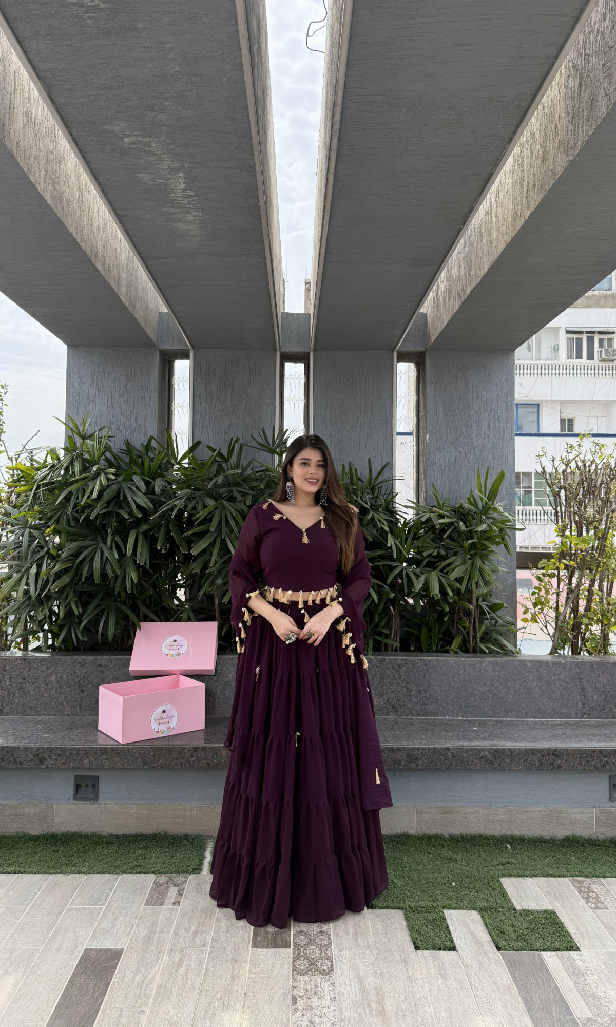 Wine Magic Tassels Details Georgette Lehenga Set