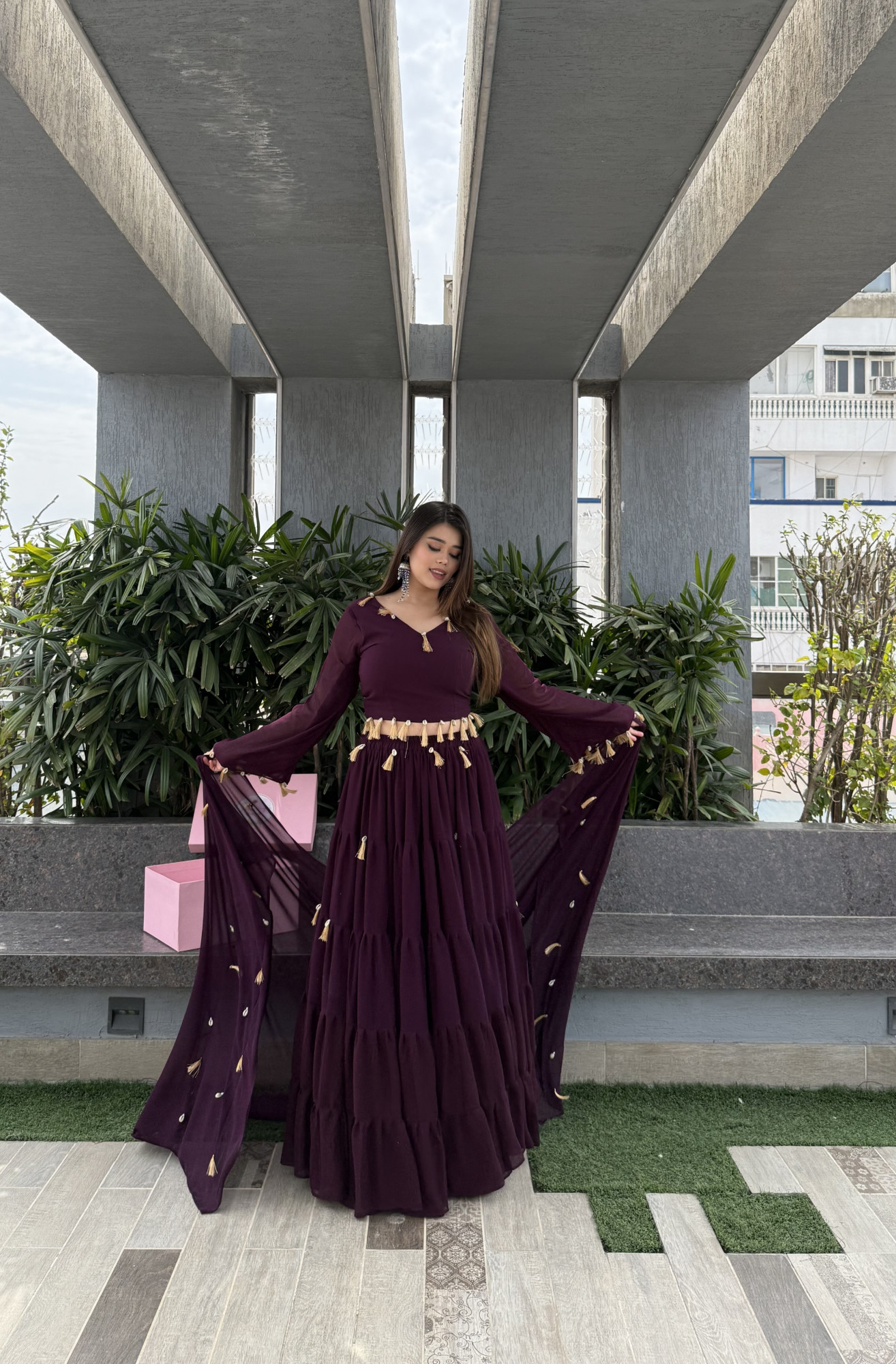 Wine Magic Tassels Details Georgette Lehenga Set
