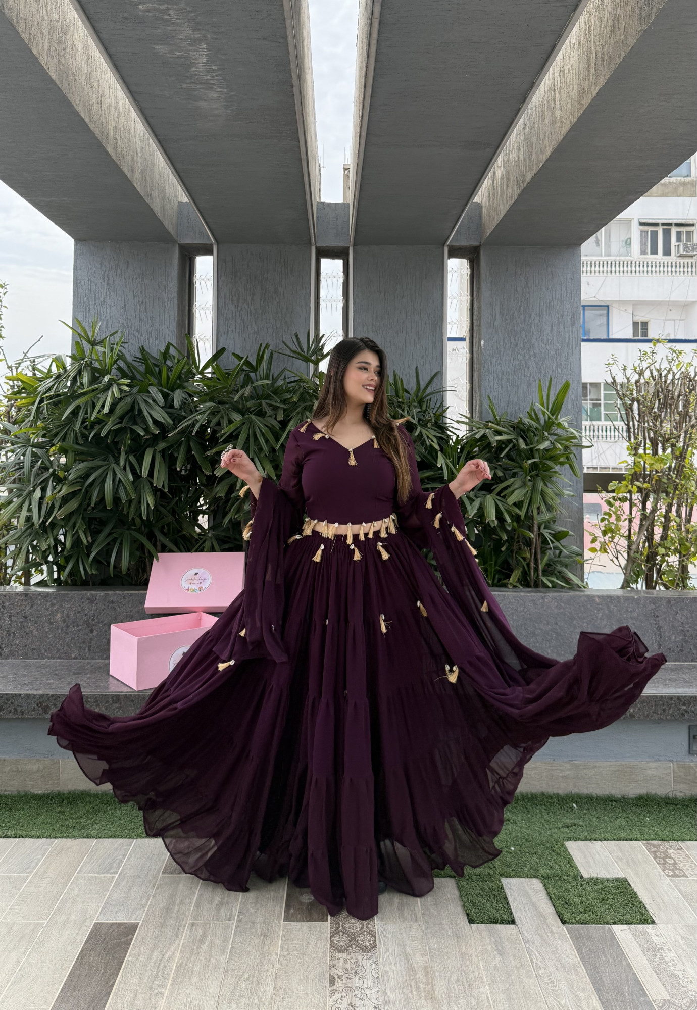 Wine Magic Tassels Details Georgette Lehenga Set