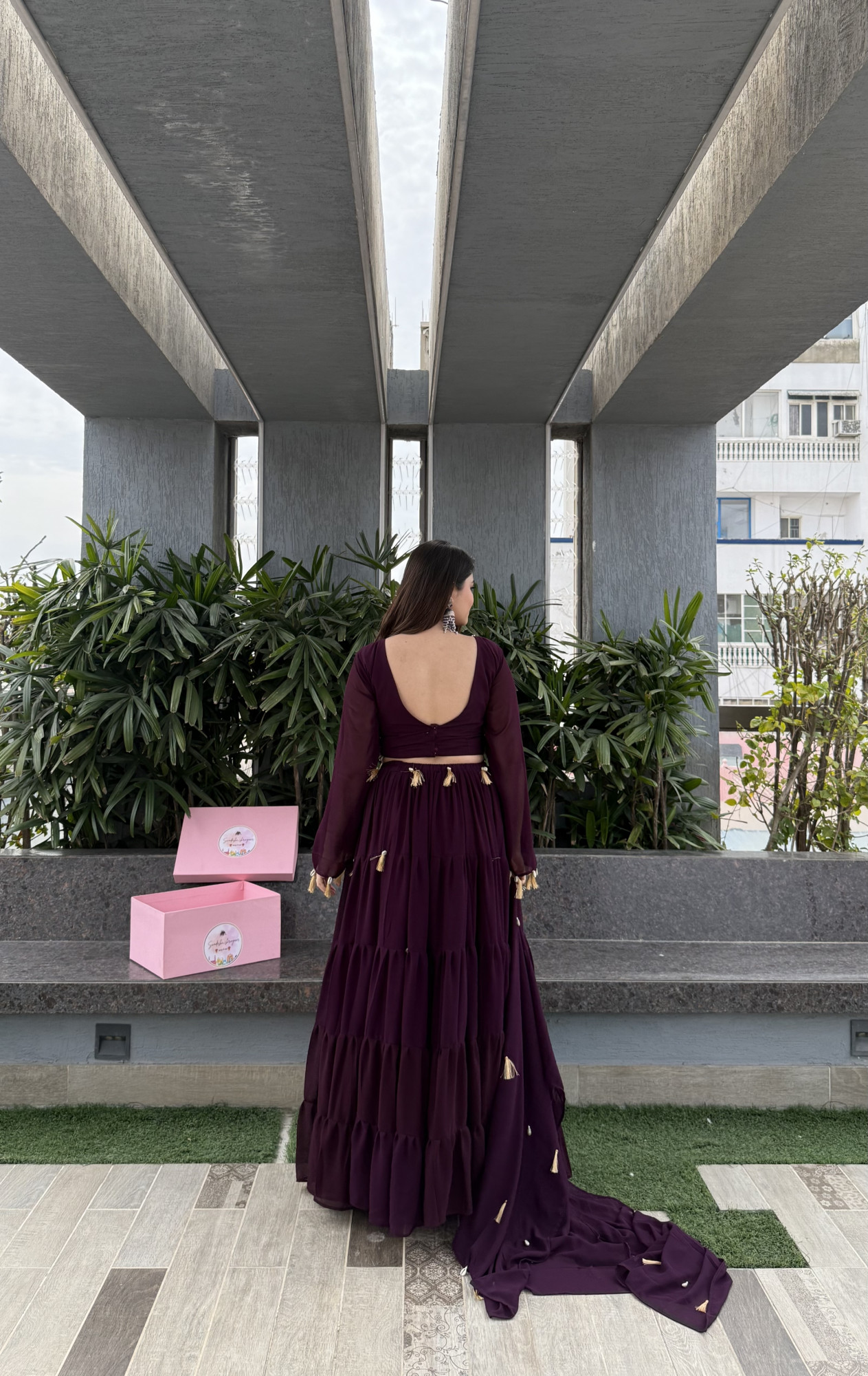 Wine Magic Tassels Details Georgette Lehenga Set