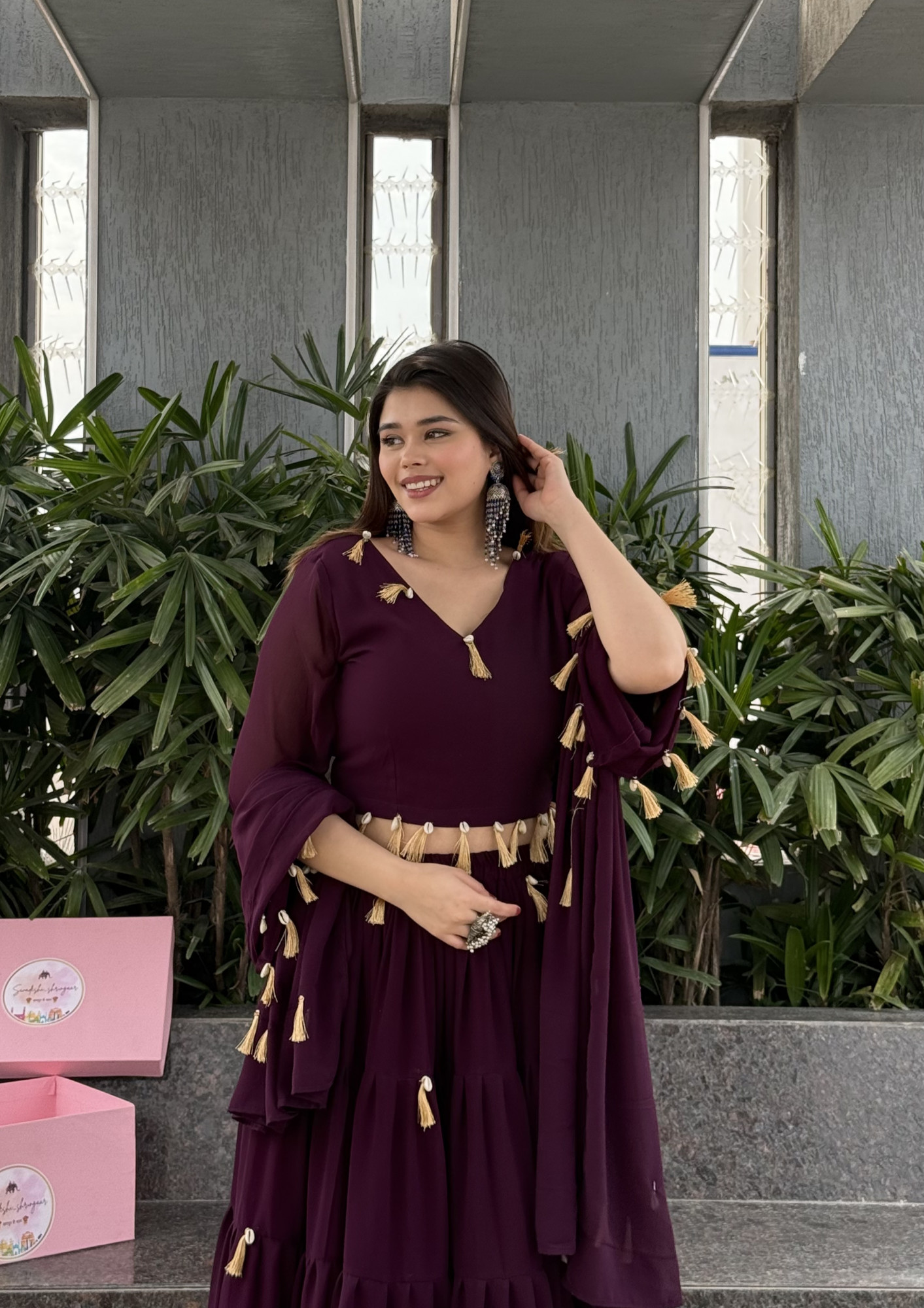 Wine Magic Tassels Details Georgette Lehenga Set