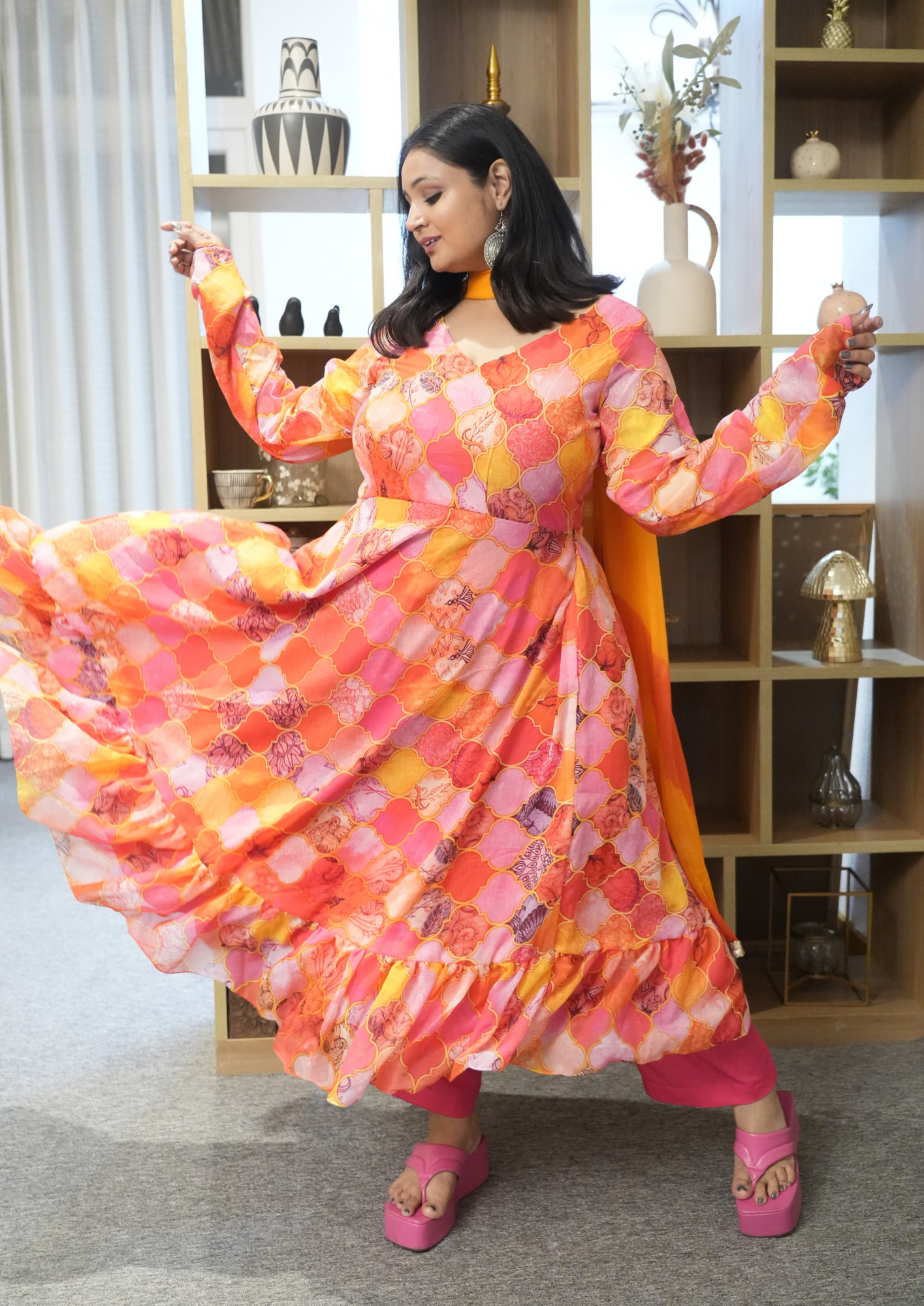 Shafaq Yellow and Orange Anarkali Set