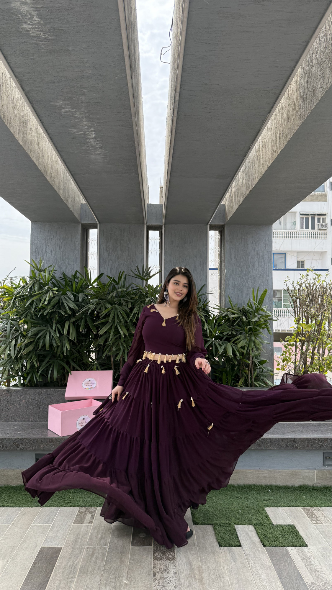 Wine Magic Tassels Details Georgette Lehenga Set