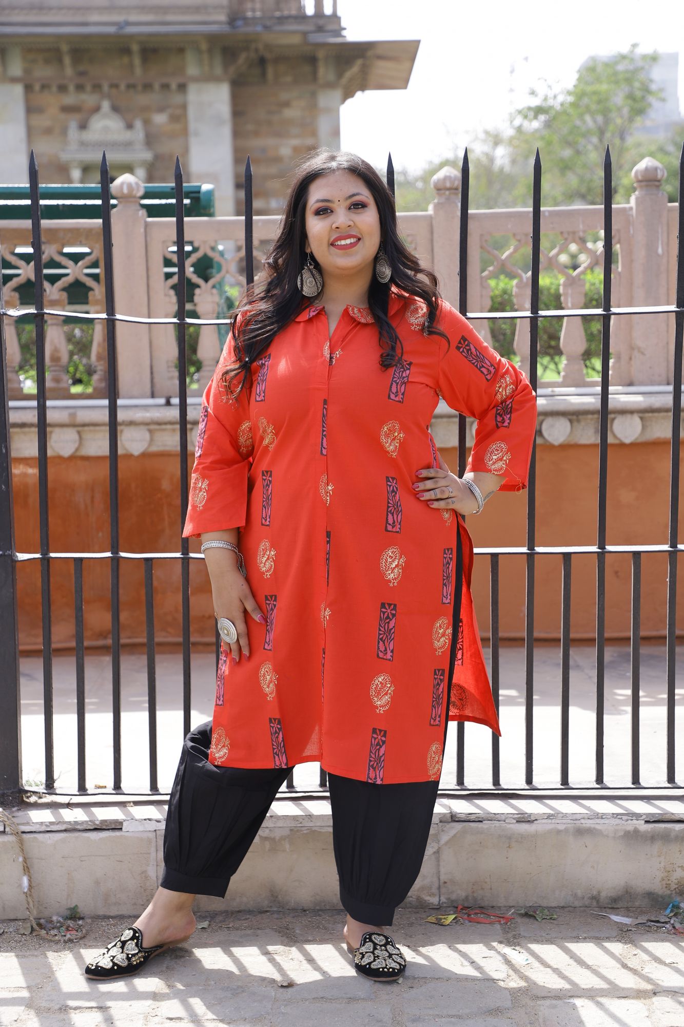 Reddish Orange Handblock kurta
