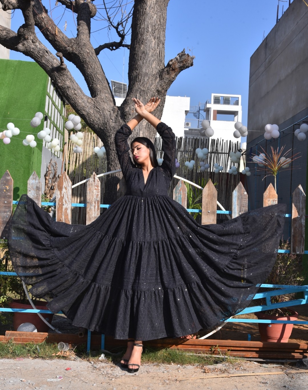 Black Lucknowi tiered dress