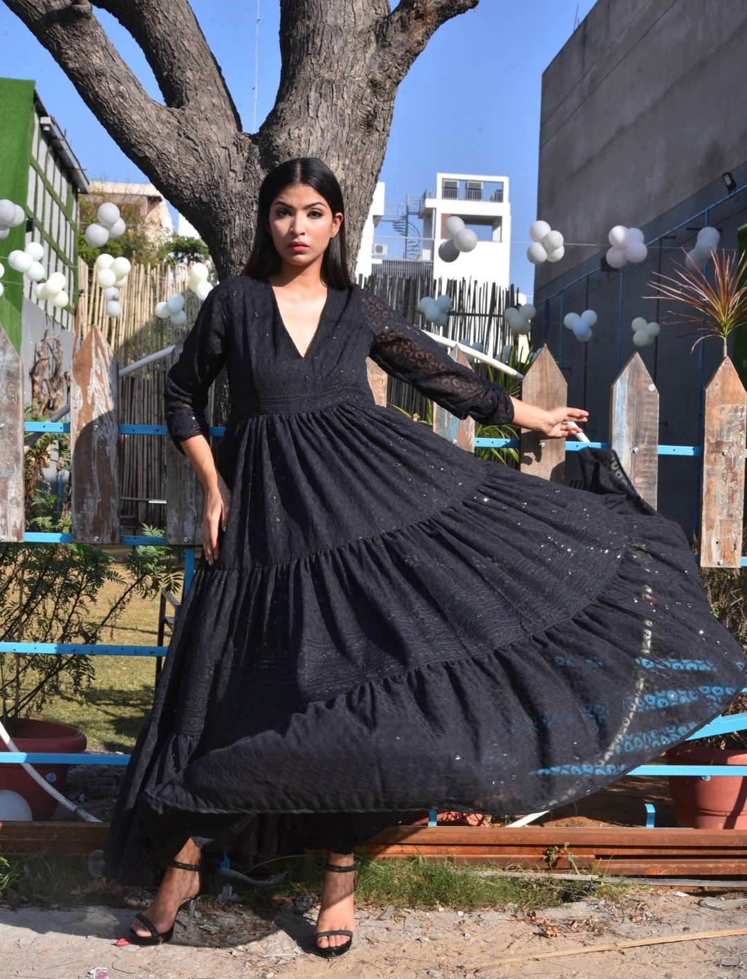 Black Lucknowi tiered dress