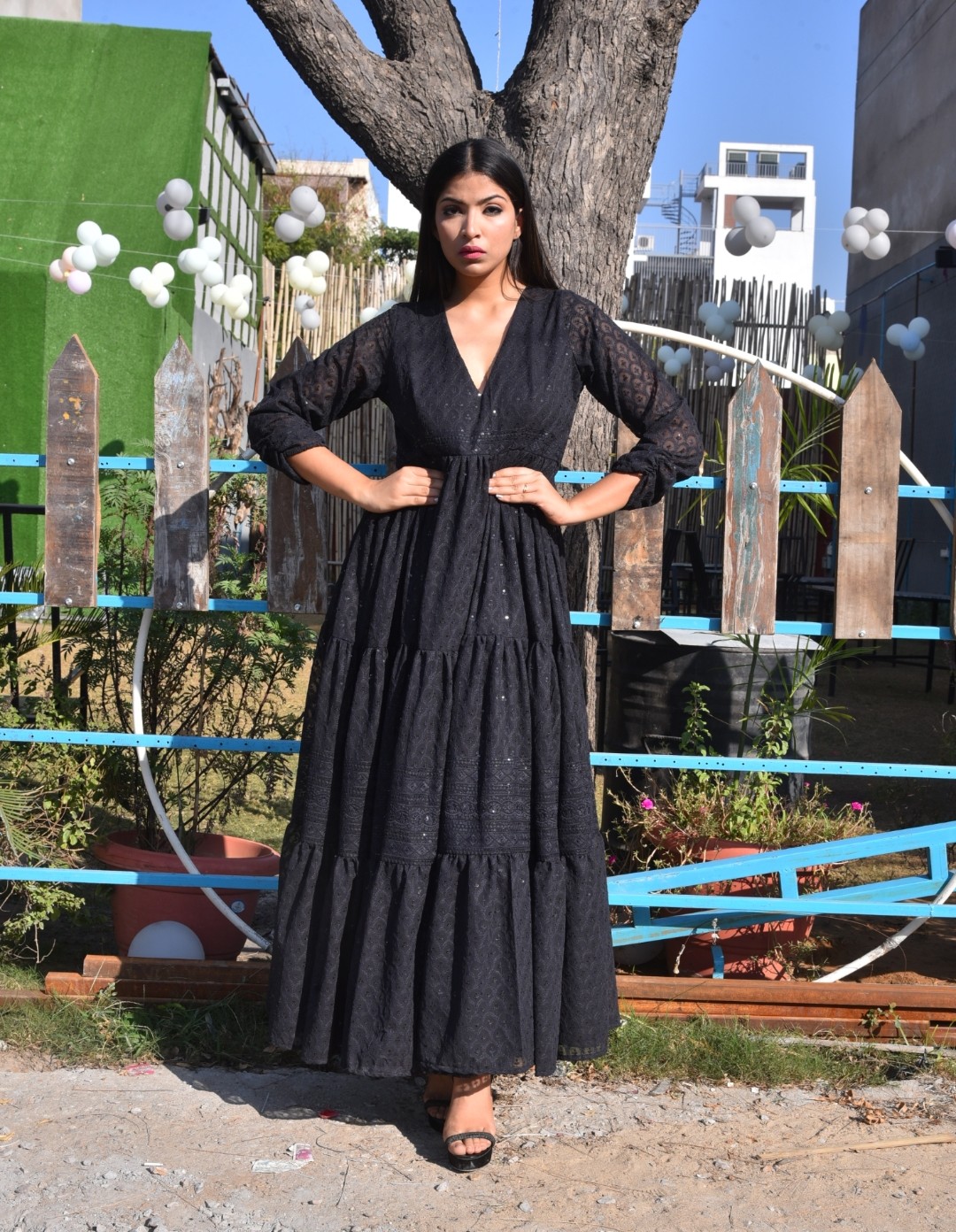 Black Lucknowi tiered dress