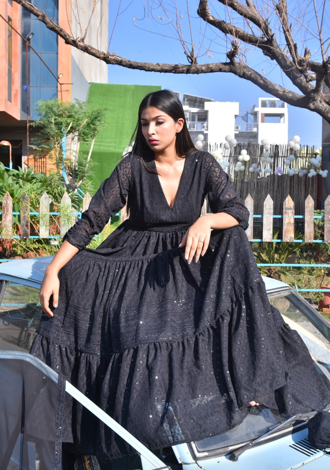 Black Lucknowi tiered dress