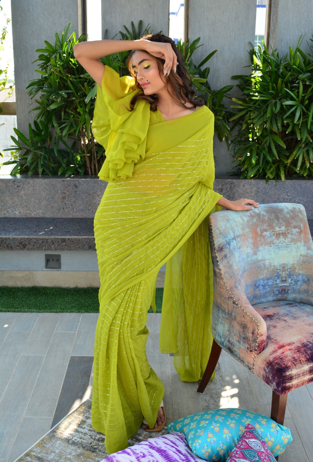 Parrot green Georgette sequin saree