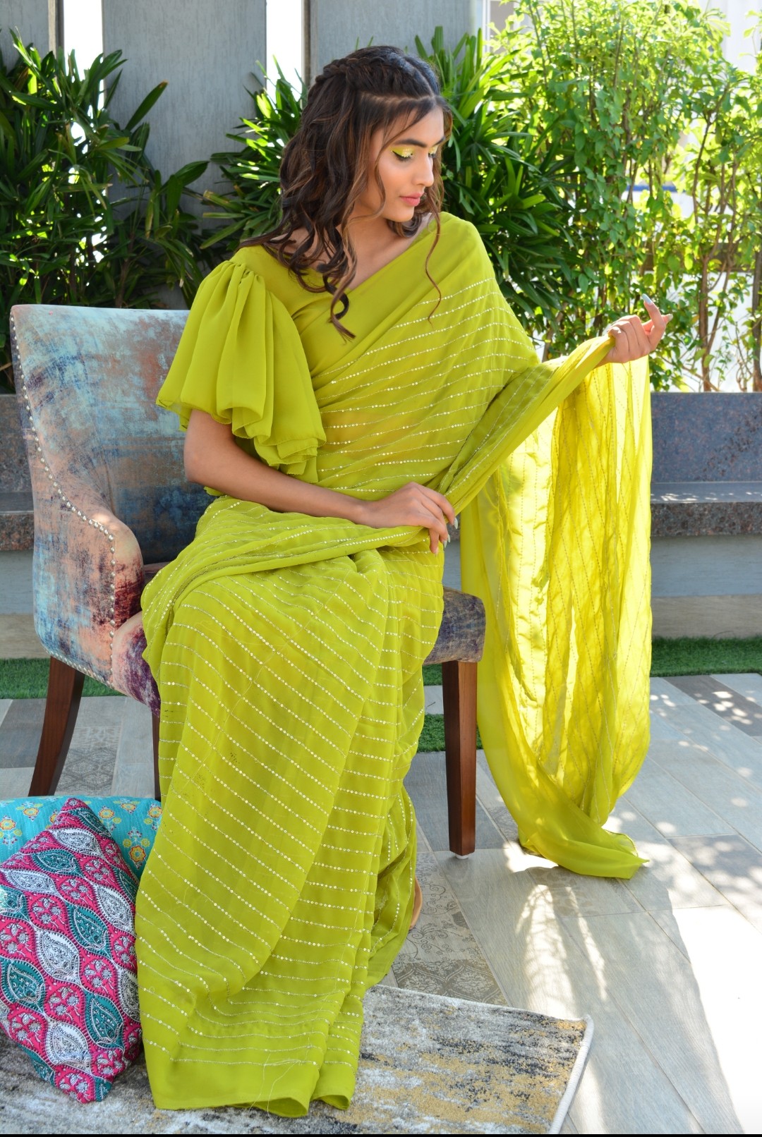 Parrot green Georgette sequin saree