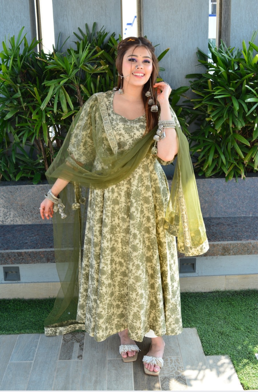 Olive Floral Anarkali Set