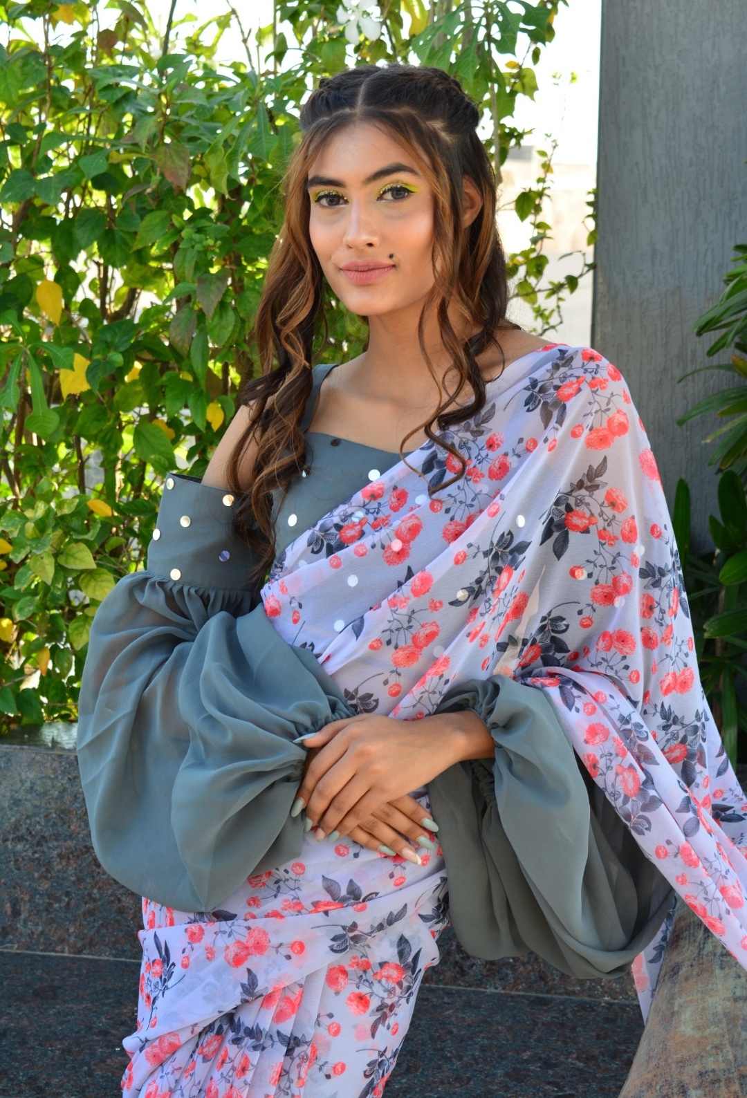 Grey and Peach Floral Saree