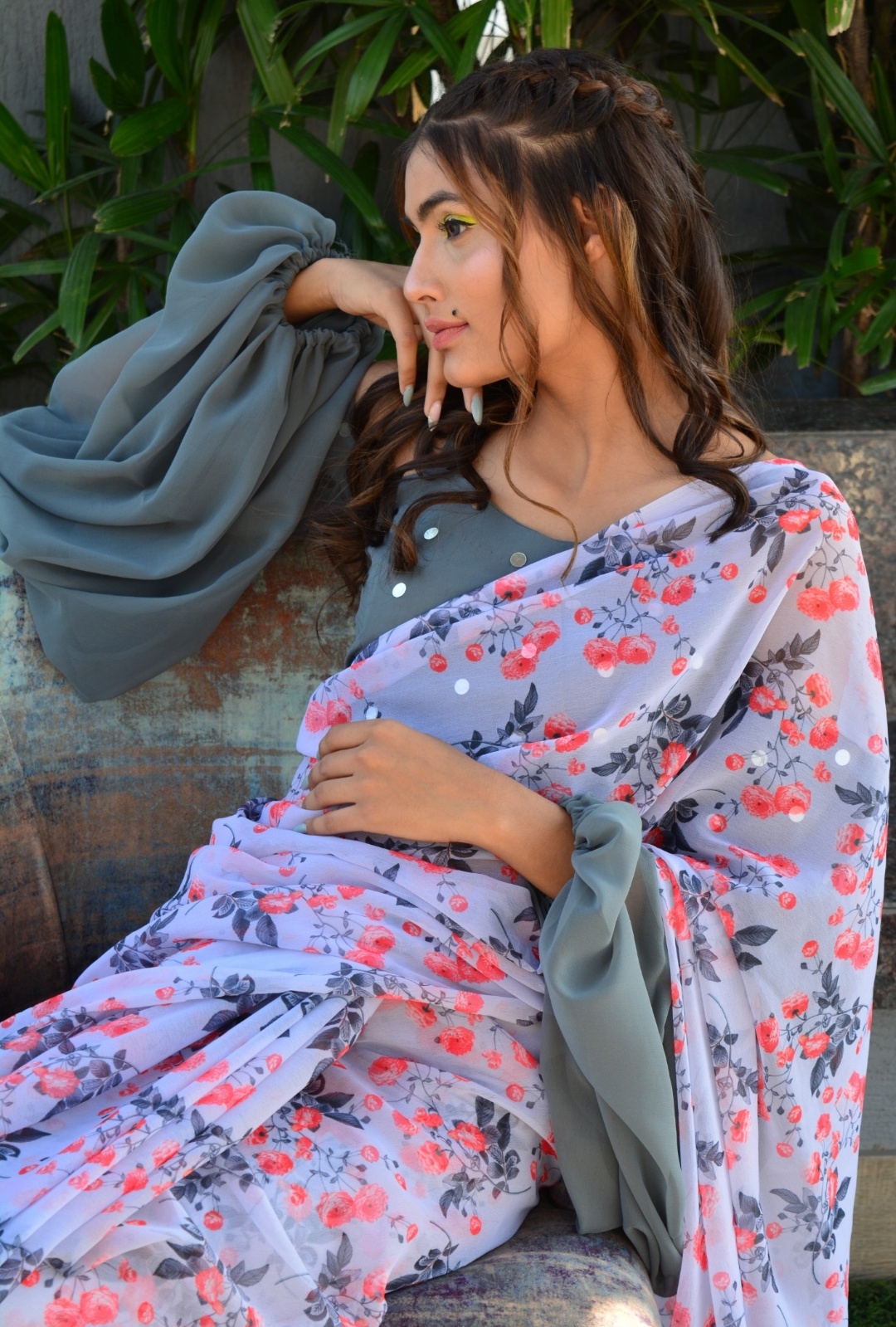 Grey and Peach Floral Saree