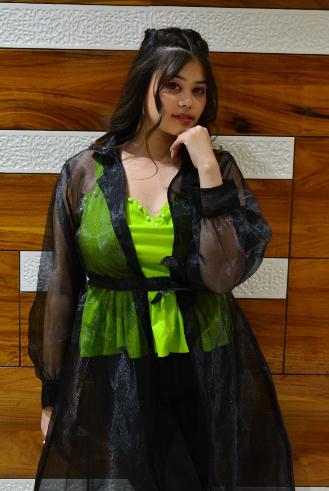 Neon Pearl top with black shrug