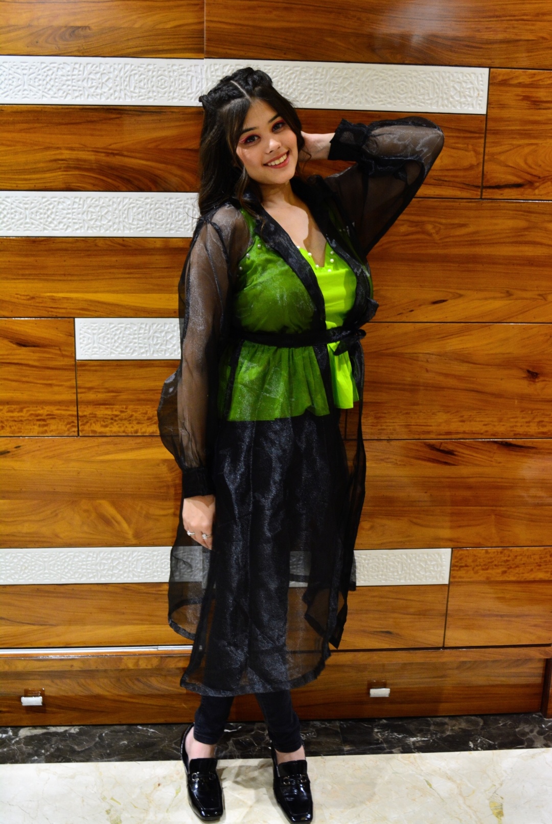 Neon Pearl top with black shrug