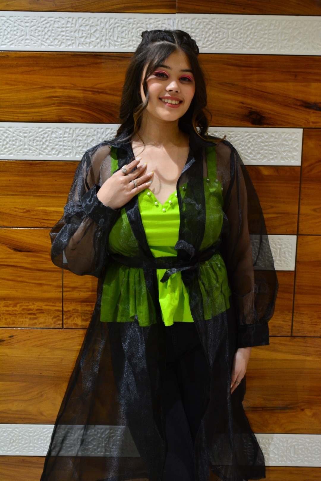 Neon Pearl top with black shrug