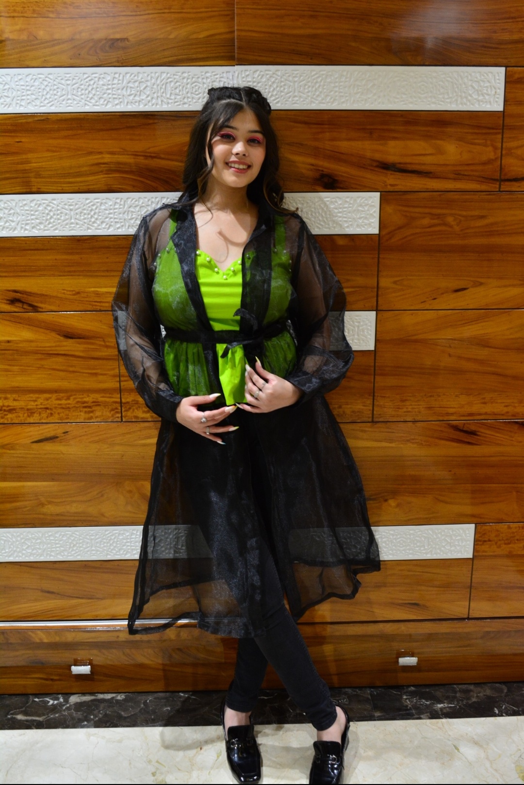 Neon Pearl top with black shrug