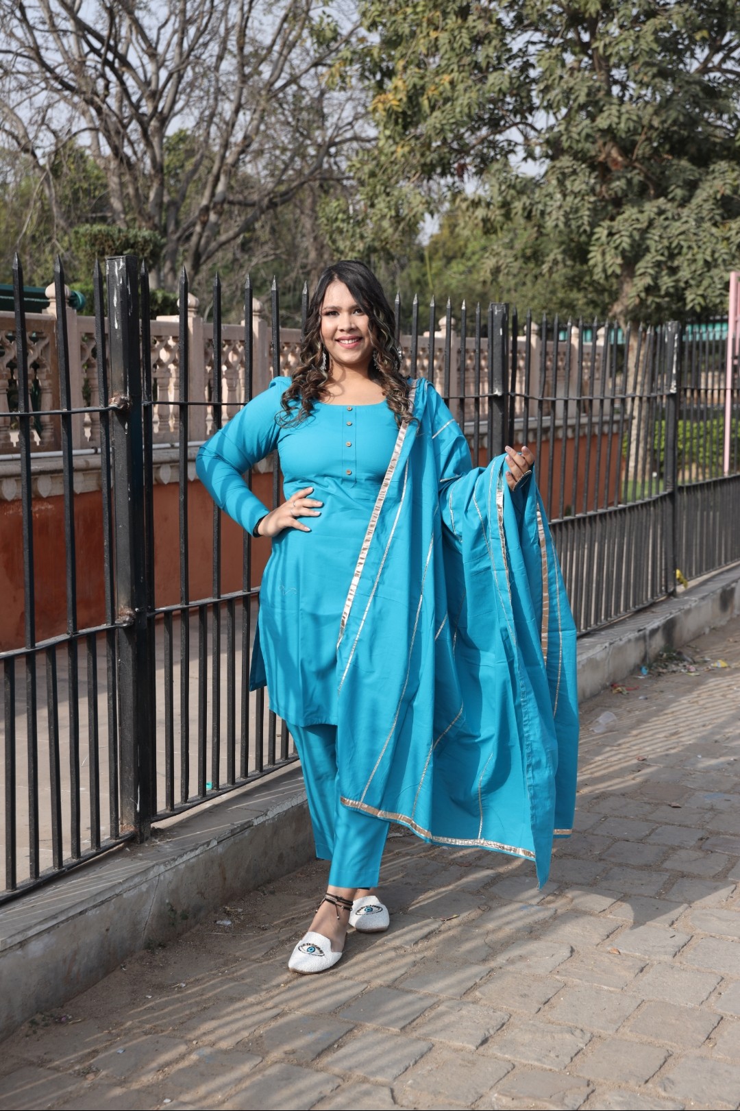 Sky Blue Solid Straight Suit Set