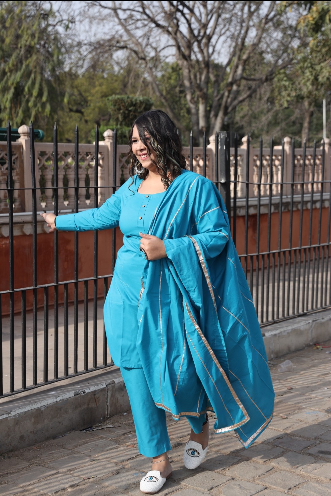 Sky Blue Solid Straight Suit Set