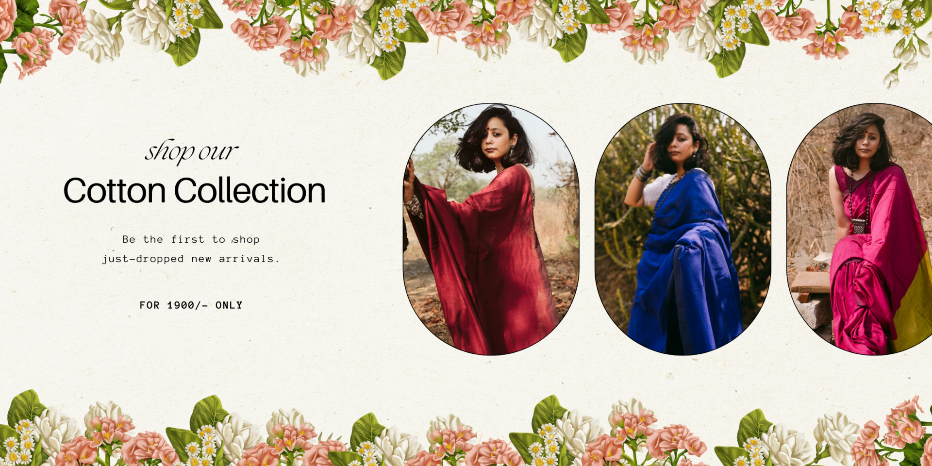 Cotton sarees in blue, red and pink.