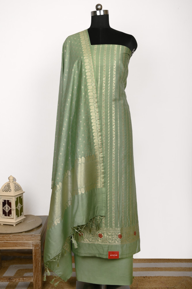Image of Green Silk Suit Set with Beautiful Dupatta - 1021-MLB-1C