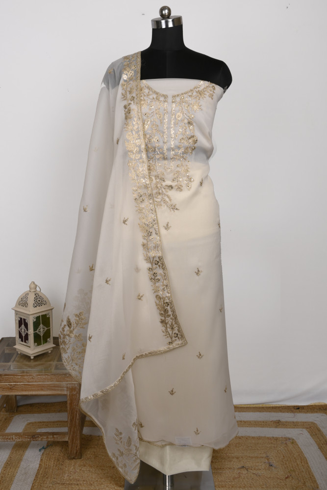 Image of Off- White Silk Unstitch suit set with Dupatta - 131-51504D