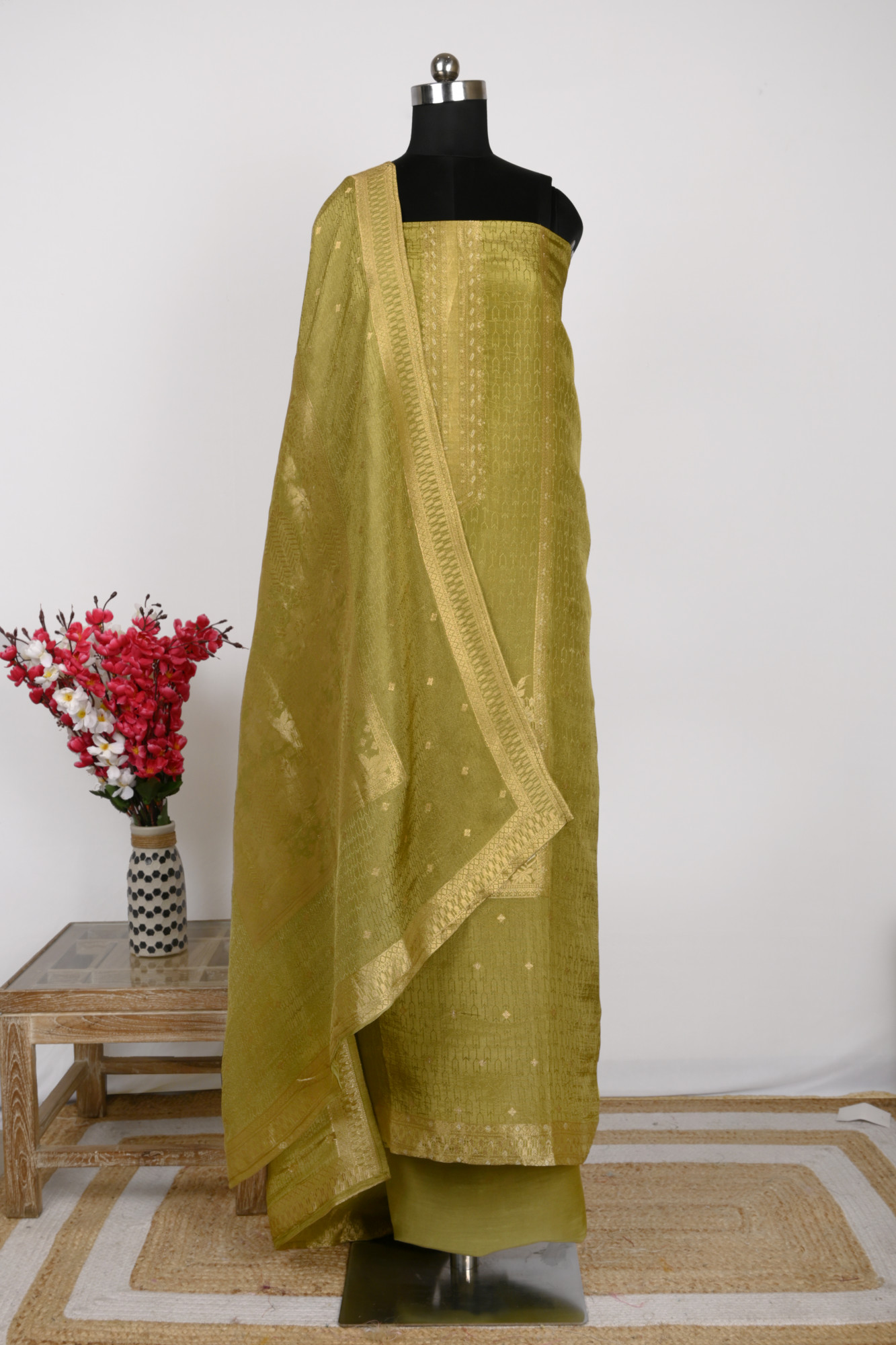 Mustard Chanderi silk Suit Set with Dupatta - 1021-ANARKALI-1B