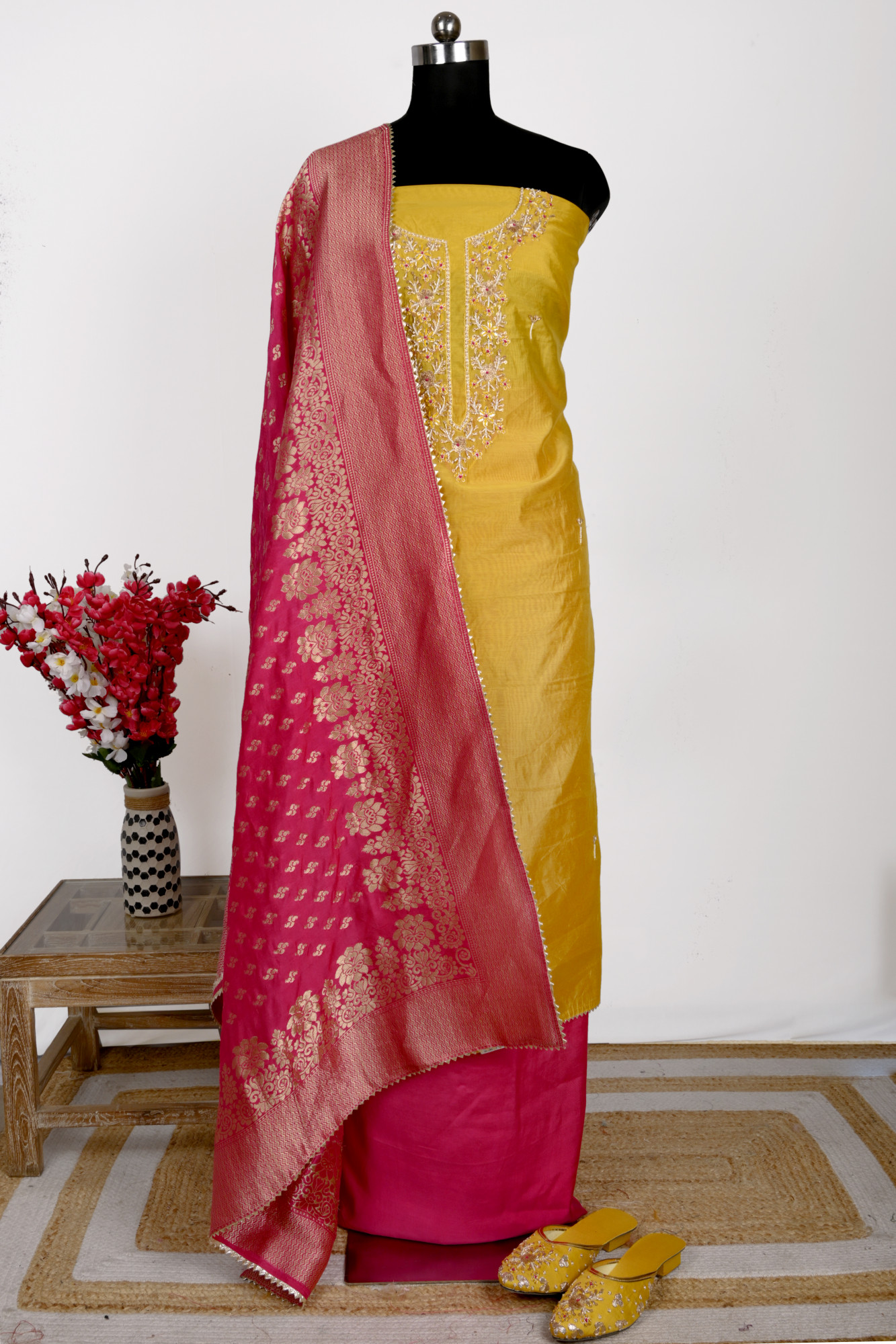 Yellow Chanderi Suit with Rani Dupatta Potli and Jutti  - 912-KAR96054