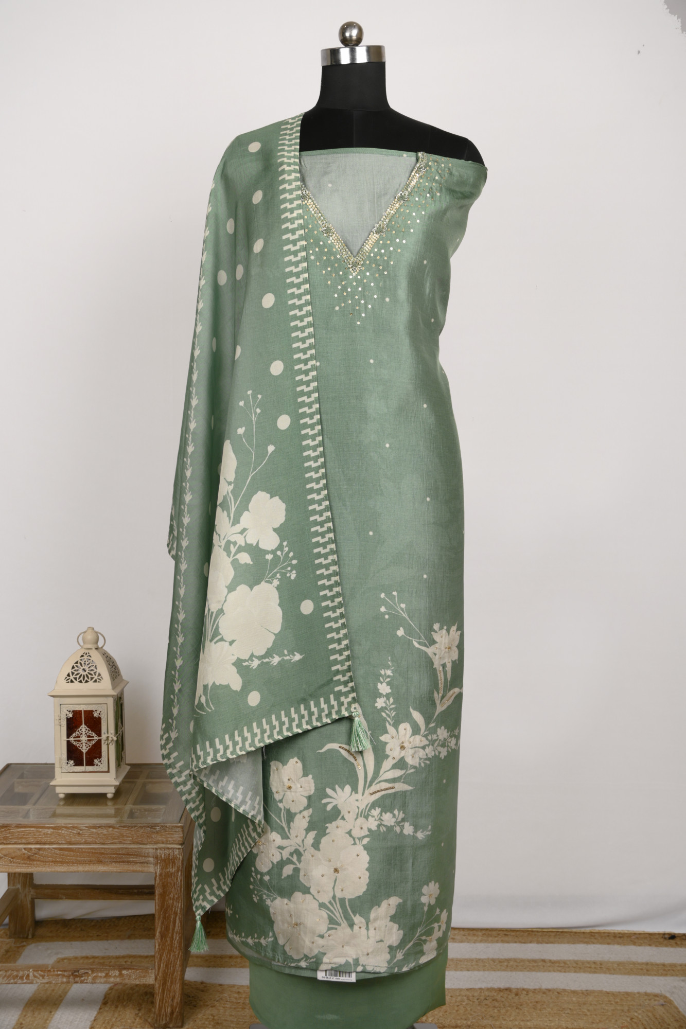 Green Muslin Suit Set with Silk Dupatta -822-MU0106A